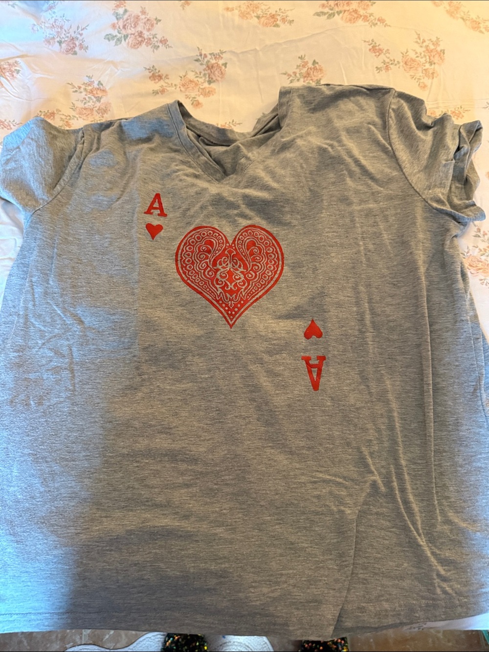 SHEIN Grey Short Sleeve Tee with Red Ace Heart Graphic